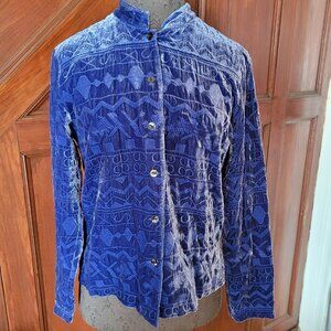 Vintage Chicos Blue Velvet Button-Up Jacket With Geometric Patterns Small